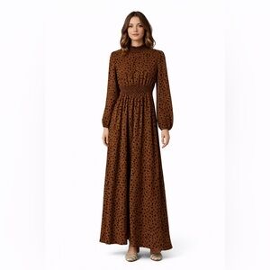 NWOT Brown Polka Dot Maxi Dress Smocked High Neck Long Sleeve Boutique Size M